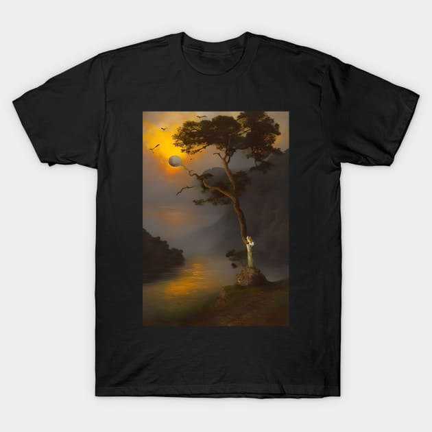 Surreal Tranquil Dark Landscape Lonely with Waters and a Tree by the Mountains T-Shirt by hclara23